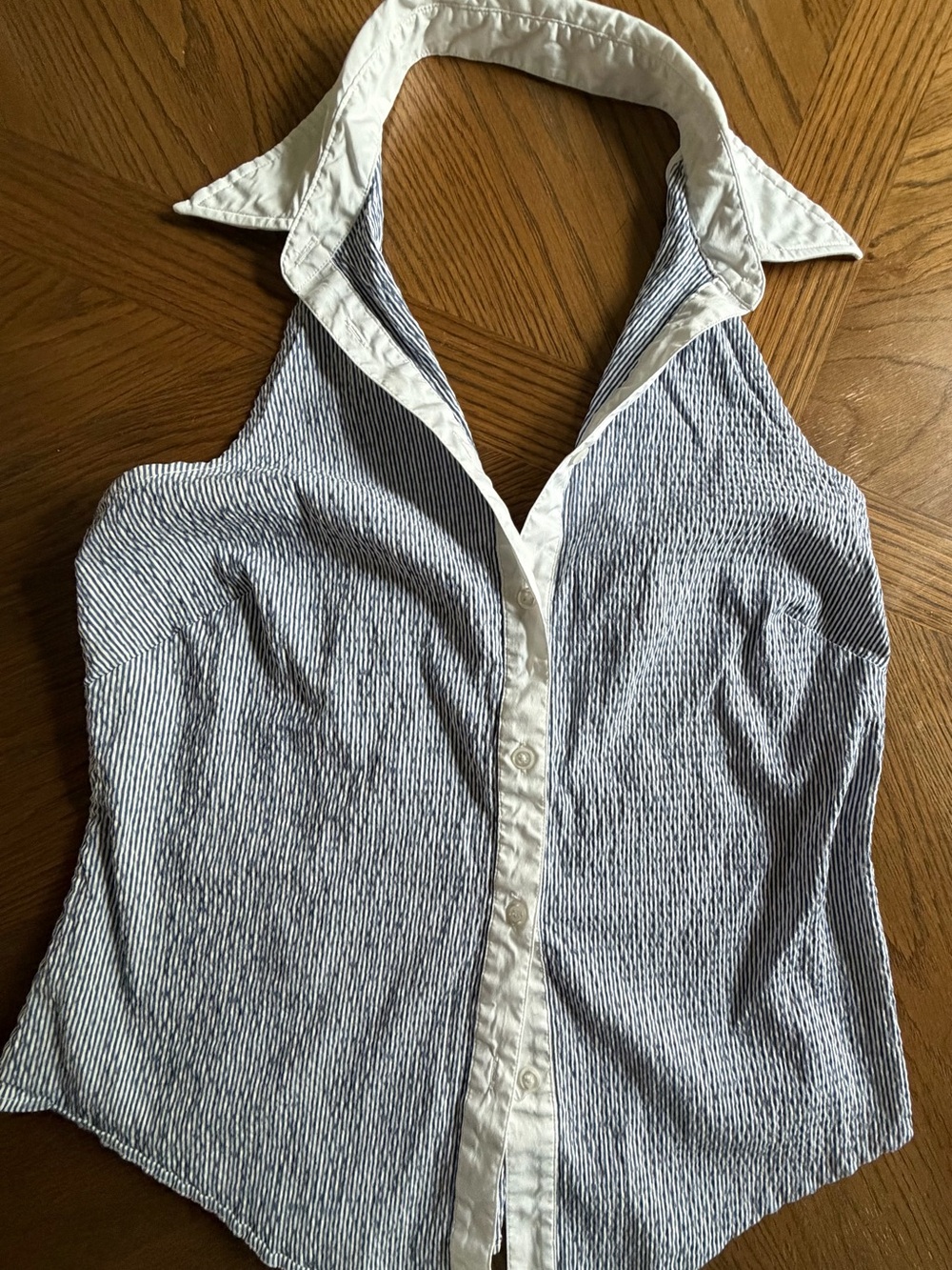 Curetê Designer Sleeveless Striped Halter Shirt - White and Navy
